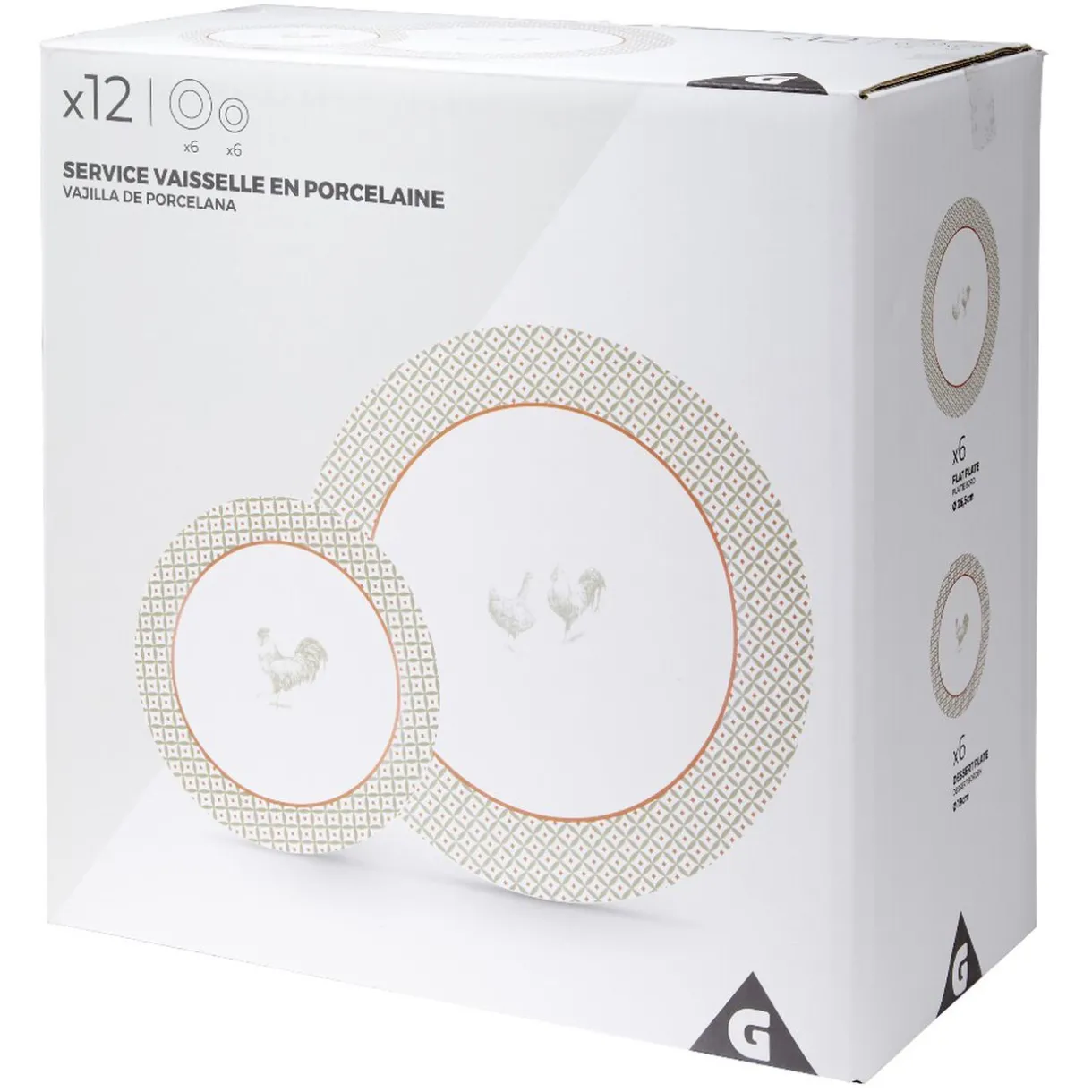 Gifi Service à vaisselle design campagne poule 12 pièces gris blanc rouge