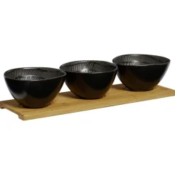 Gifi Service apéritif 3 bols en porcelaine et 1 planche en bambou