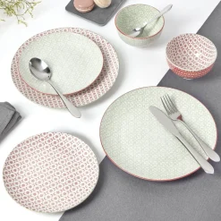 Gifi Service en porcelaine 18 pièces motif graphique beige et rouge