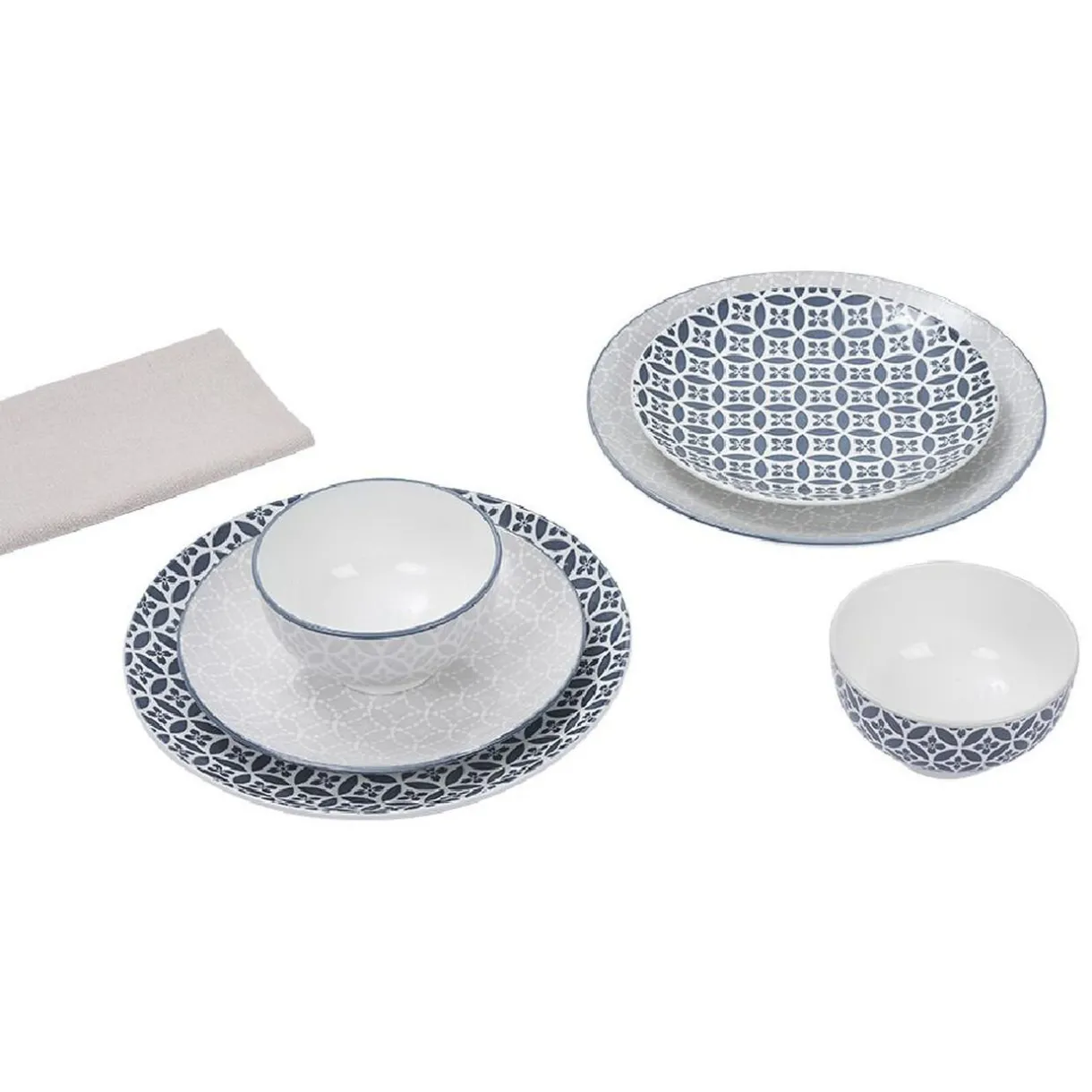 Gifi Service vaisselle en porcelaine 18 pièces motif graphique bleu et blanc Outlet