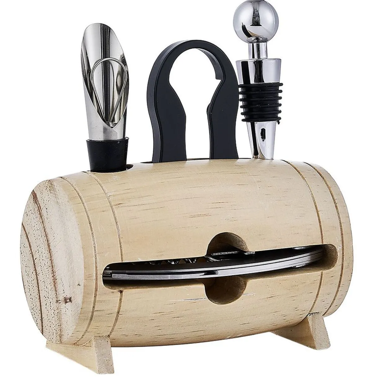Gifi Set 4 accessoires à vin dans tonneau en bois