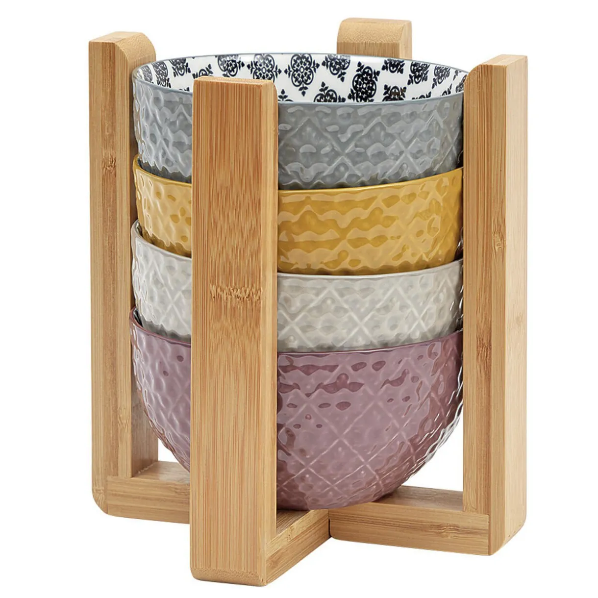 Gifi Set 4 bols décor ethnique noir et blanc et support en bambou Hot