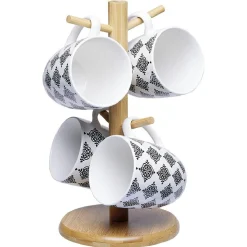 Gifi Set 4 mugs décor arabesque noir et blanc et support en bambou Best