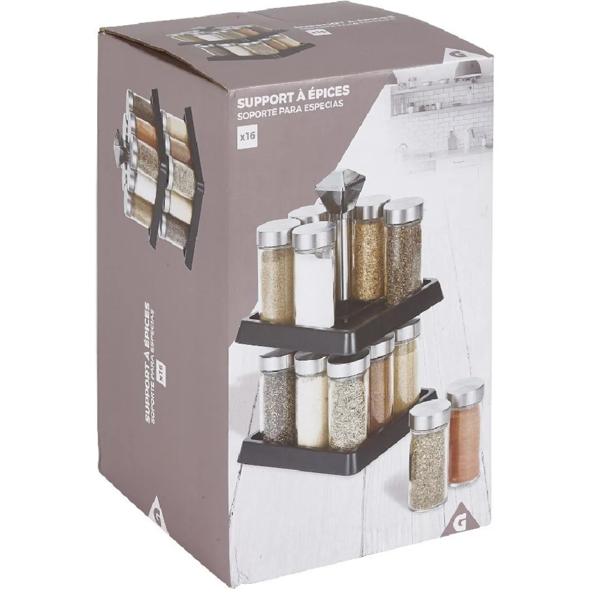 Gifi Support à épices noir 16 bocaux en verre et inox 2 étages Clearance